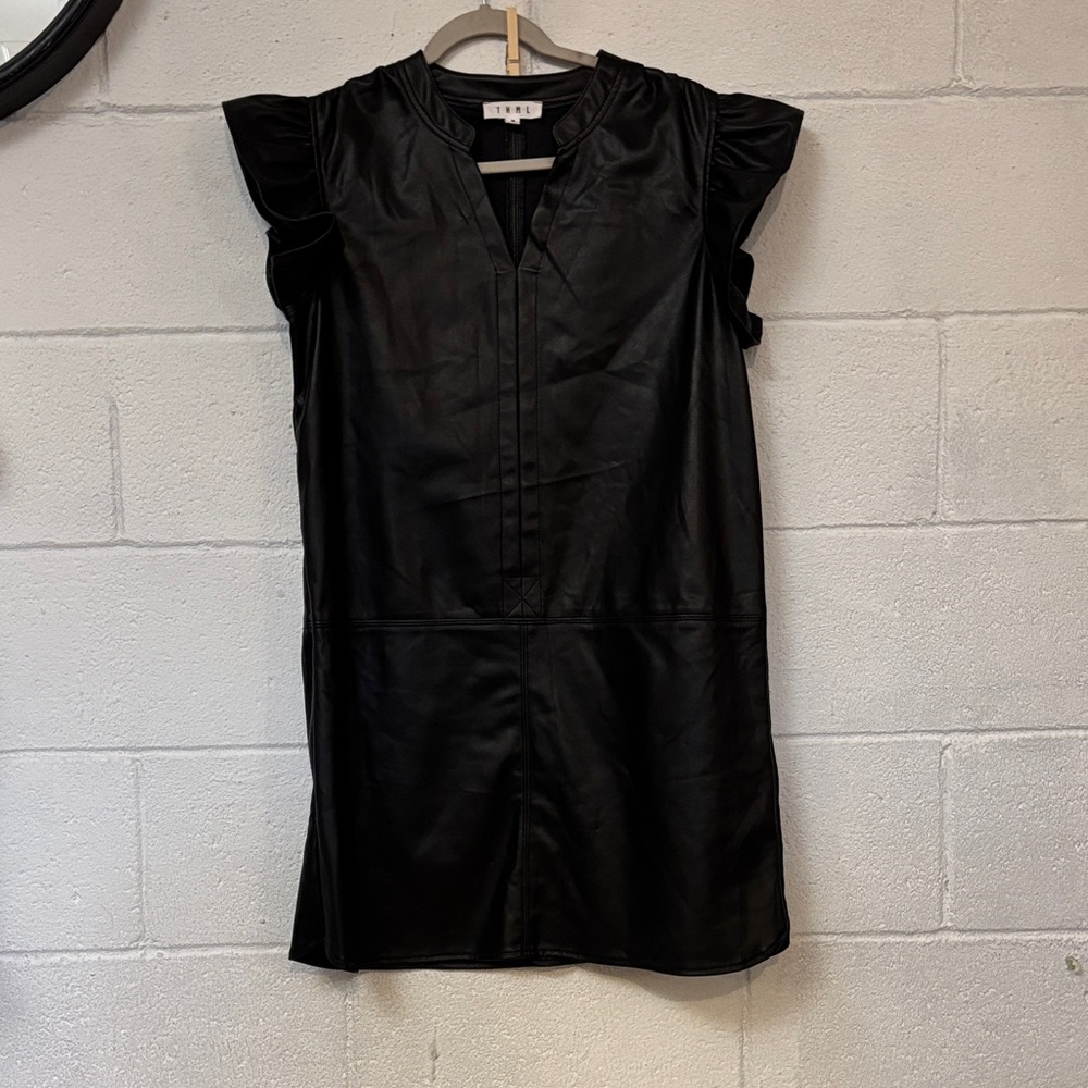 THML Black Faux Leather V-Neck Shift Dress